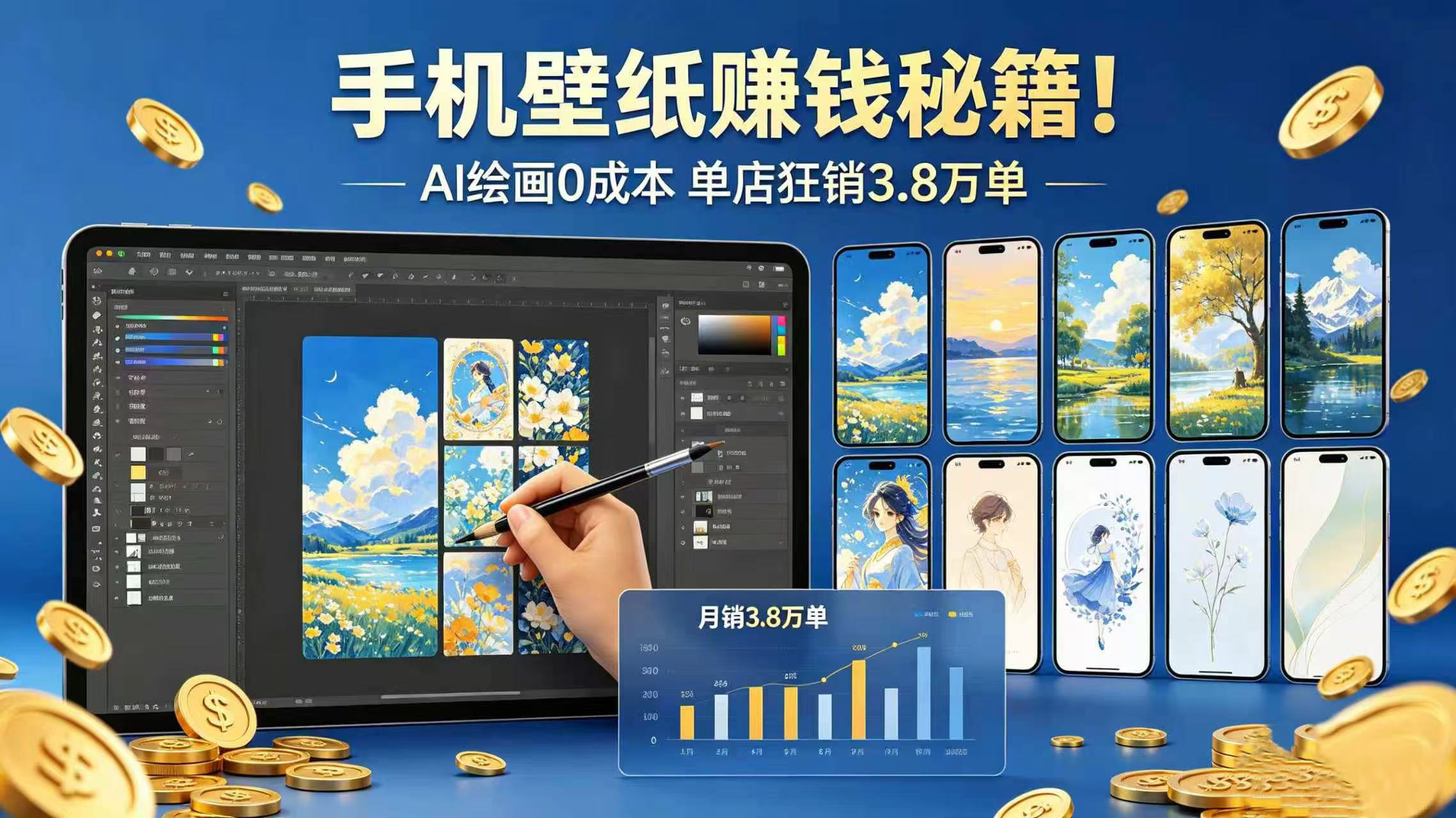 手机壁纸赚钱秘籍！AI 绘画 0 成本 单店狂销 3.8 万单-副业小助手-全网项目库