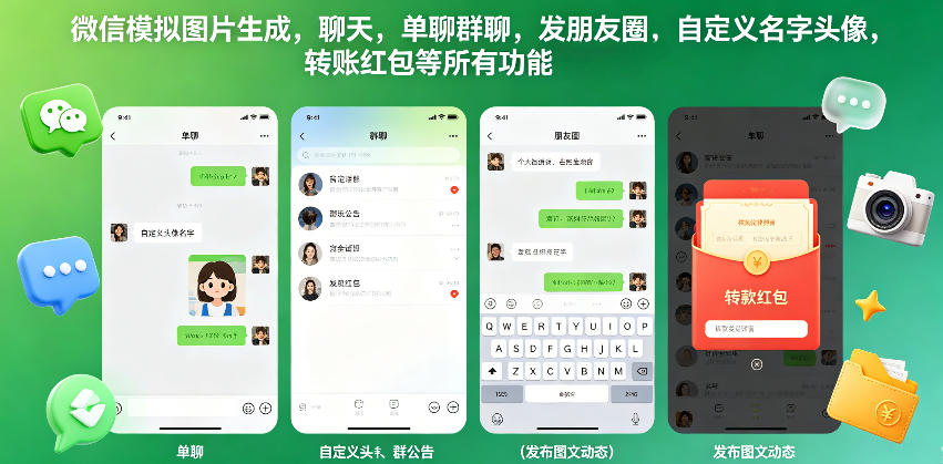 微信模拟图片生成，聊天，单聊群聊，发朋友圈，自定义名字头像，转账红包等所有功能都可以生成-副业小助手-全网项目库