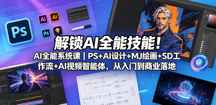 解锁AI全能技能！AI全能系统课｜PS+AI设计+MJ绘画+SD工作流+AI视频智能体，从入门到商业落地-副业小助手-全网项目库