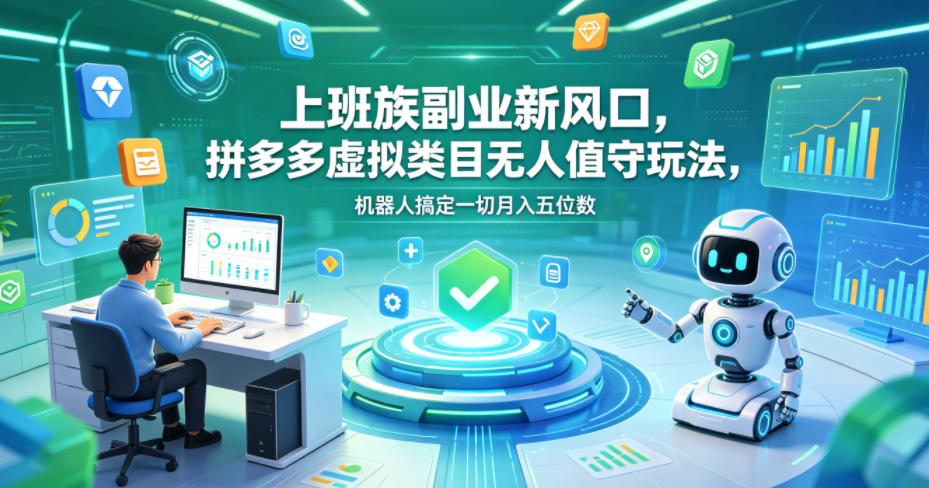 上班族副业新风口，拼多多虚拟类目无人值守玩法，机器人搞定一切月入五位数【揭秘】-副业小助手-全网项目库