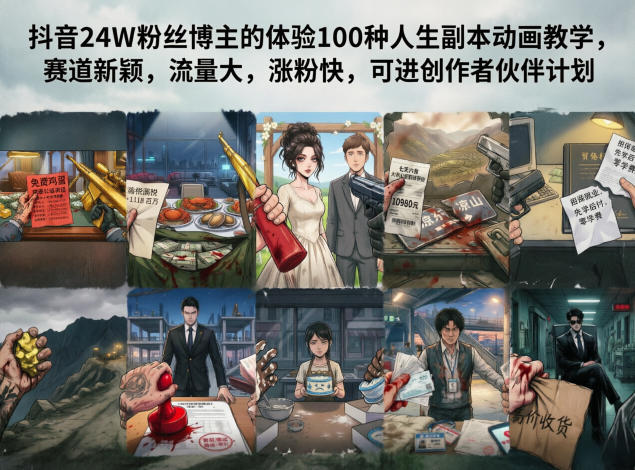 抖音24W粉丝博主的体验100种人生副本动画教学，赛道新颖，流量大，涨粉快，可进创作者伙伴计划-副业小助手-全网项目库