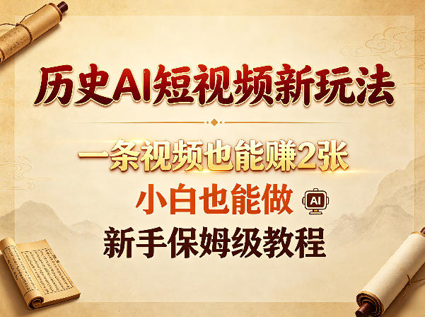 历史AI短视频新玩法，一条视频也能賺2张，小白也能做，新手保姆级教程-副业小助手-全网项目库