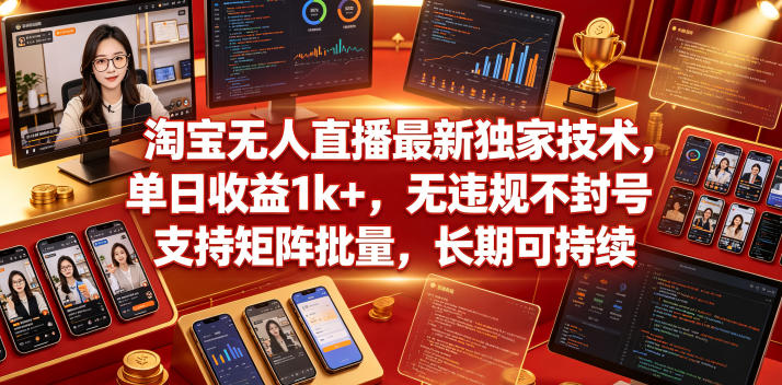 淘宝无人直播最新独家技术,单日收益1k+,无违规不封号,支持矩阵批量,长期可持续【揭秘】-副业小助手-全网项目库