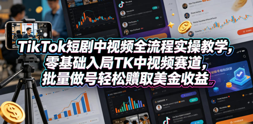 TikTok短剧中视频全流程实操教学，零基础入局TK中视频赛道，批量做号轻松賺取美金收益-副业小助手-全网项目库