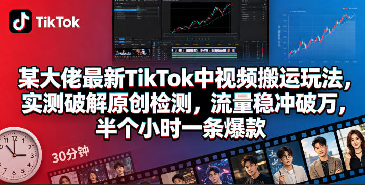 某大佬最新TikTok中视频搬运玩法，实测破解原创检测，流量稳冲破万，半个小时一条爆款-副业小助手-全网项目库