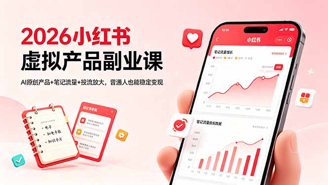 （18449期）2026小红书虚拟产品副业课，AI原创产品+笔记流量+投流放大，普通人也能稳定变现-副业小助手-全网项目库