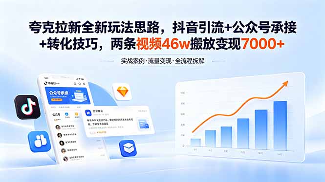 （18416期）夸克拉新全新玩法思路，抖音引流+公众号承接+转化技巧，两条视频46w搬放 变现7000+-副业小助手-全网项目库
