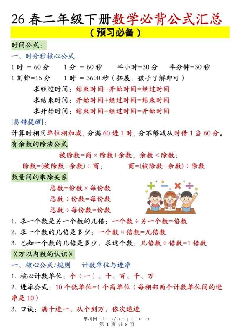 二年级下数学必背公式汇总《人教版》-学科教辅资料