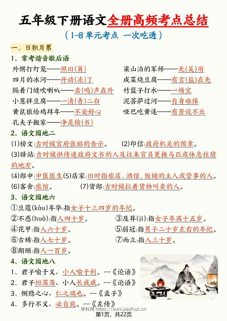 五年级下语文全册高频考点总结-学科教辅资料